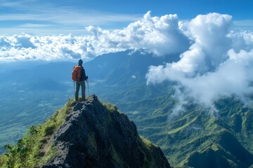 Fototapeta premium Hiker standing on mountain peak enjoying breathtaking view above clouds