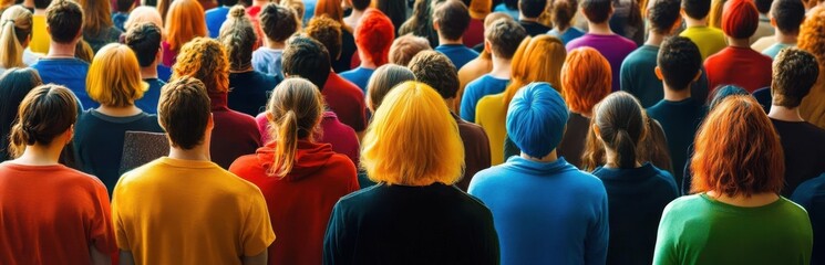 A vibrant crowd of young individuals with unique hair colors gathers at an event, showcasing diversity and modern style. The scene captures energy and creativity.
