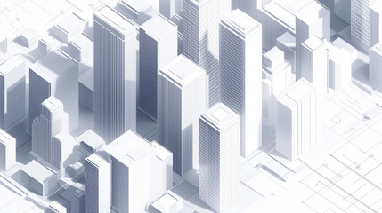 A sleek isometric rendering of an ultra-modern city block, featuring contemporary skyscrapers with geometric symmetry, uniform glass windows, and a monochrome white-gray aesthetic