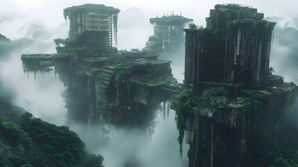 floating city covered in mist with vines reclaiming the futuristic ruins 