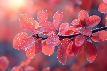 Red leaves under sunlight with glistening dewdrops symbolizing vitality, serene natural landscape scene of seasonal renewal and organic beauty.