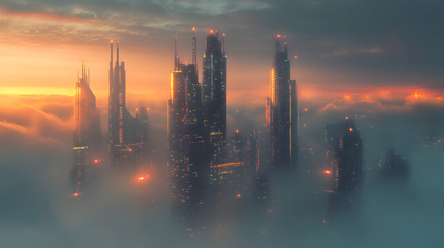 floating city with massive rings and hovering platforms emerging from the clouds 