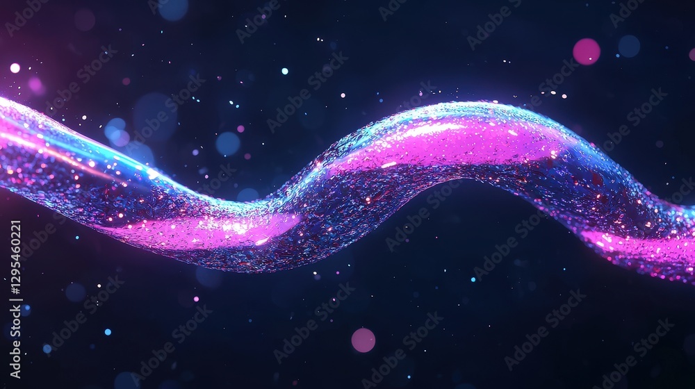 Poster abstract luminous wave flowing in dark space with twinkling glowing particles background