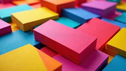 Obraz premium A colorful assortment of rectangular paper cards in various vibrant hues, neatly stacked and arranged.