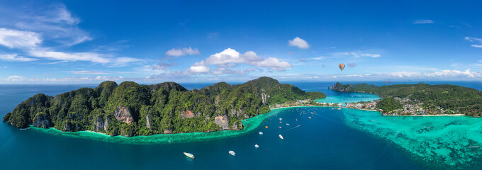 high angle view Panorama of Phi Phi Island, Phuket Province during the high season in Thailand.