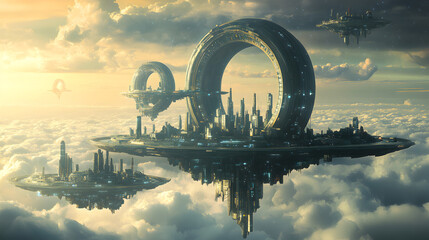 floating city with massive rings and hovering platforms emerging from the clouds 