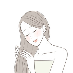 長くてきれいなストレートの黒髪をヘアケアする女性