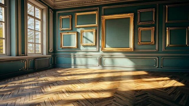 Elegant interior room with golden frames and sunlight casting shadows on wooden floor