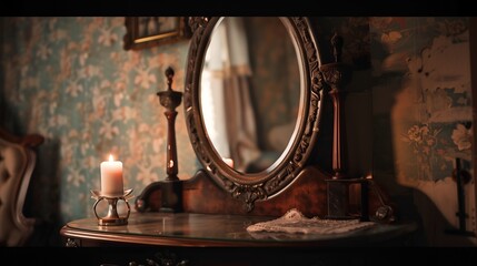 A vintage mirror on an antique wooden vanity, with its reflective surface capturing the soft glow of a nearby candle and intricate details of the room.