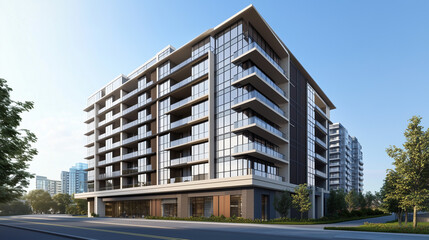 A sleek, multi-story building with a smooth, minimalist facade rendered in a contemporary architectural style