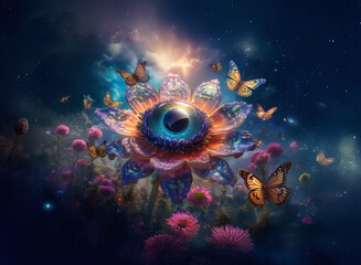 A cosmic background illuminates a vibrant floral eye, with butterflies fluttering around the mystical bloom in a dreamy scene.