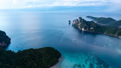 high angle view from drone, of Phi Phi Island, Phuket Province during the high season in Thailand.