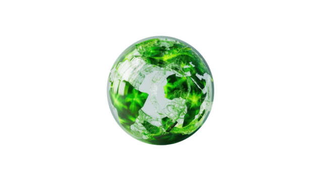 Green energy covering planet earth rotating on transparent background