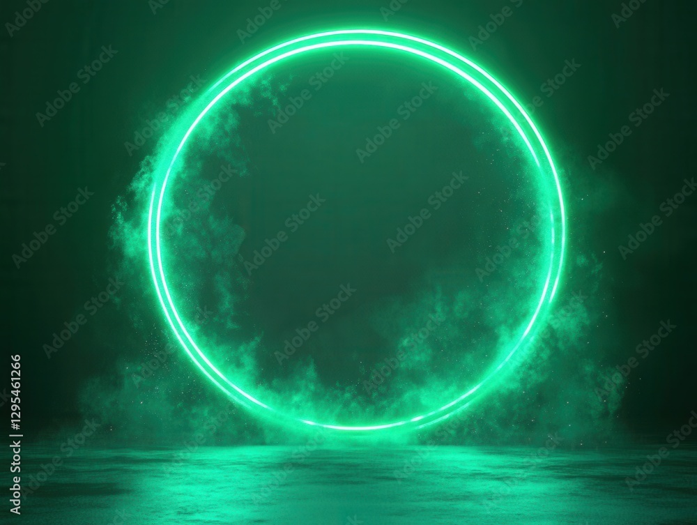 Poster abstract neon green circle frame with smoke effect on dark background for modern design template