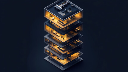 A sleek vertical tower rises through multiple levels of modern office spaces, with each floor illuminated by distinct lighting, 