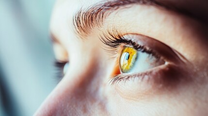 Close-up of person's eyes focusing on distant blurry object, symbolizing short-sightedness and visual challenges.