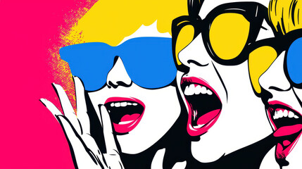 Bright and colorful illustration of three women wearing sunglasses, expressing joy and excitement