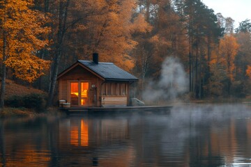 Fototapeta premium Cozy wooden sauna cabin glowing on a lake in autumn forest at dusk