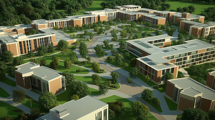 Fototapeta premium A sophisticated 3D model of a modern campus design presents an interconnected network of buildings, each with distinct facades and layout details