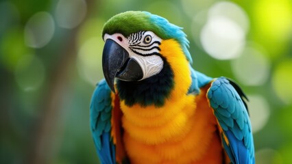 Obraz premium A vibrant harlequin macaw with blue, green, and yellow feathers, and a striking black beak, perched against a blurred green background.