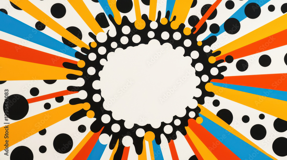 Wall mural bright pop art background with colorful rays and black dots