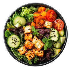 Bowl with vegan salad isolated on transparent background, top view