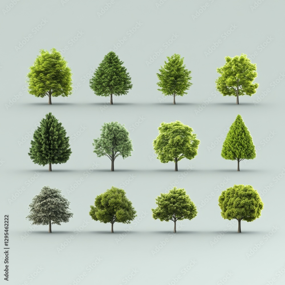 Poster various types of trees isolated on light background for design