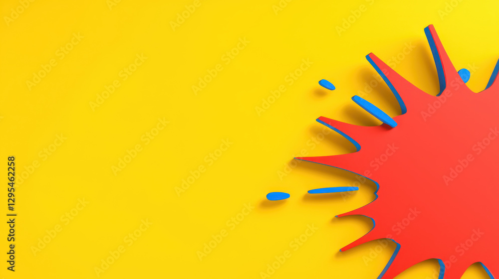 Wall mural bright red splash shape on yellow background creates dynamic pop art effect