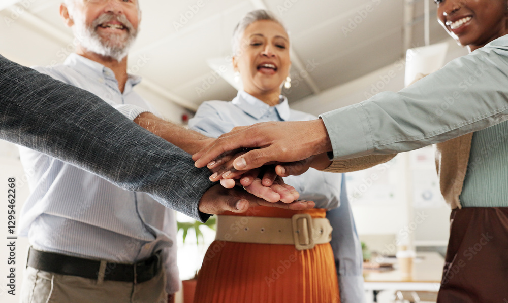 Poster business people, teamwork and hands together for support, commitment or collaboration with success a