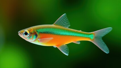 Fototapeta premium A high fin tetra with vibrant orange and green colors is swimming against a blurred green background.