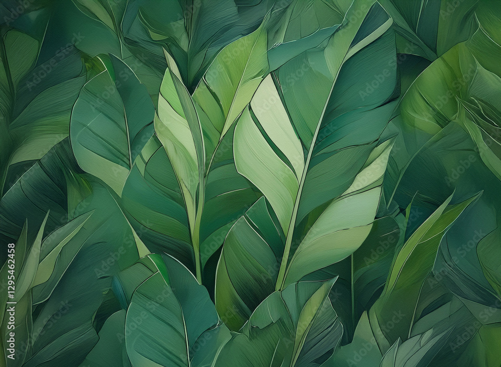 Poster vibrant green leaves overlapping to create a natural background with a sense of depth and lushness.