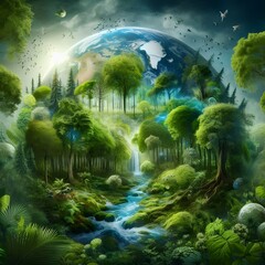 an environmentally friendly world, featuring a lush and vibrant forest with towering trees