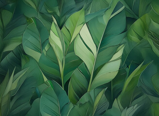 Obraz premium Vibrant green leaves overlapping to create a natural background with a sense of depth and lushness.