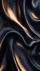 Flowing black satin fabric reflecting golden light creates texture