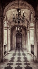 Grand Hallway Interior with Antique Chandelier