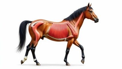 Fototapeta premium Horse anatomy diagram showing muscles on a brown horse with a white background.