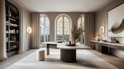 Fototapeta premium A thoughtfully designed minimalist dining room exudes elegance and sophistication