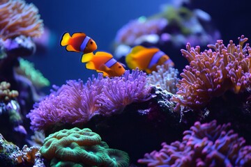 Obraz premium Clownfish swimming near colorful corals and anemones in aquarium