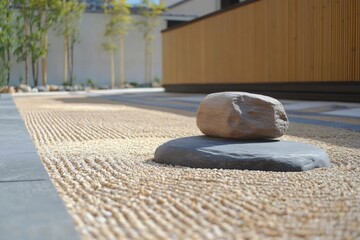 Zen garden with raked gravel and balanced stones near bamboo fence