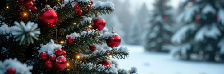 Snowy pinecones and red berries add a pop of color to a black Christmas tree, red berries, snowy landscape, garlands