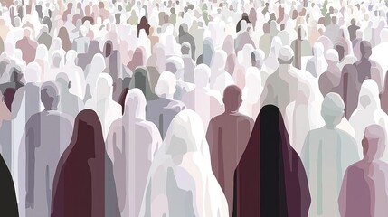 Crowded religious gathering, veiled figures, outdoor scene. Possible use for stock photo