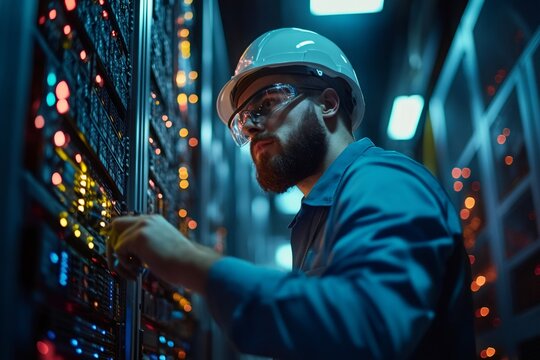 It technician working on server rack in data center