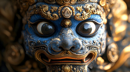 Fototapeta premium Close-up of ornate blue lion guardian statue head