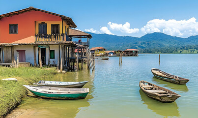 Colorful waterfront houses on stilts by the lake
