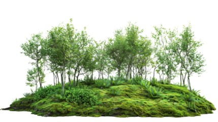 Green foliage covering a lush mossy hill with transparent background