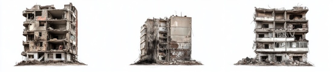 Ruined apartment buildings on white background (1)