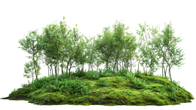 Green foliage covering a lush mossy hill with transparent background