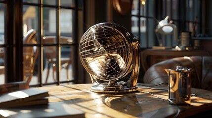 A vintage table fan with a polished chrome finish, resting on a wooden desk, with natural light reflecting off the blades and highlighting its classic design.