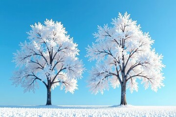 Snowy white poplar trees against a clear blue sky, frosty, icy, white poplar