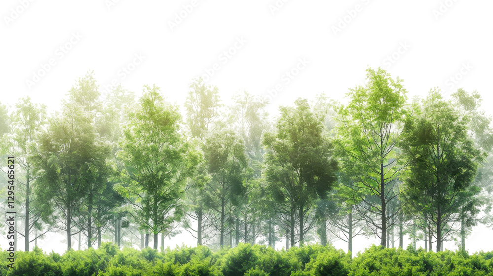 Poster green trees and bushes creating a lush natural border on transparent background